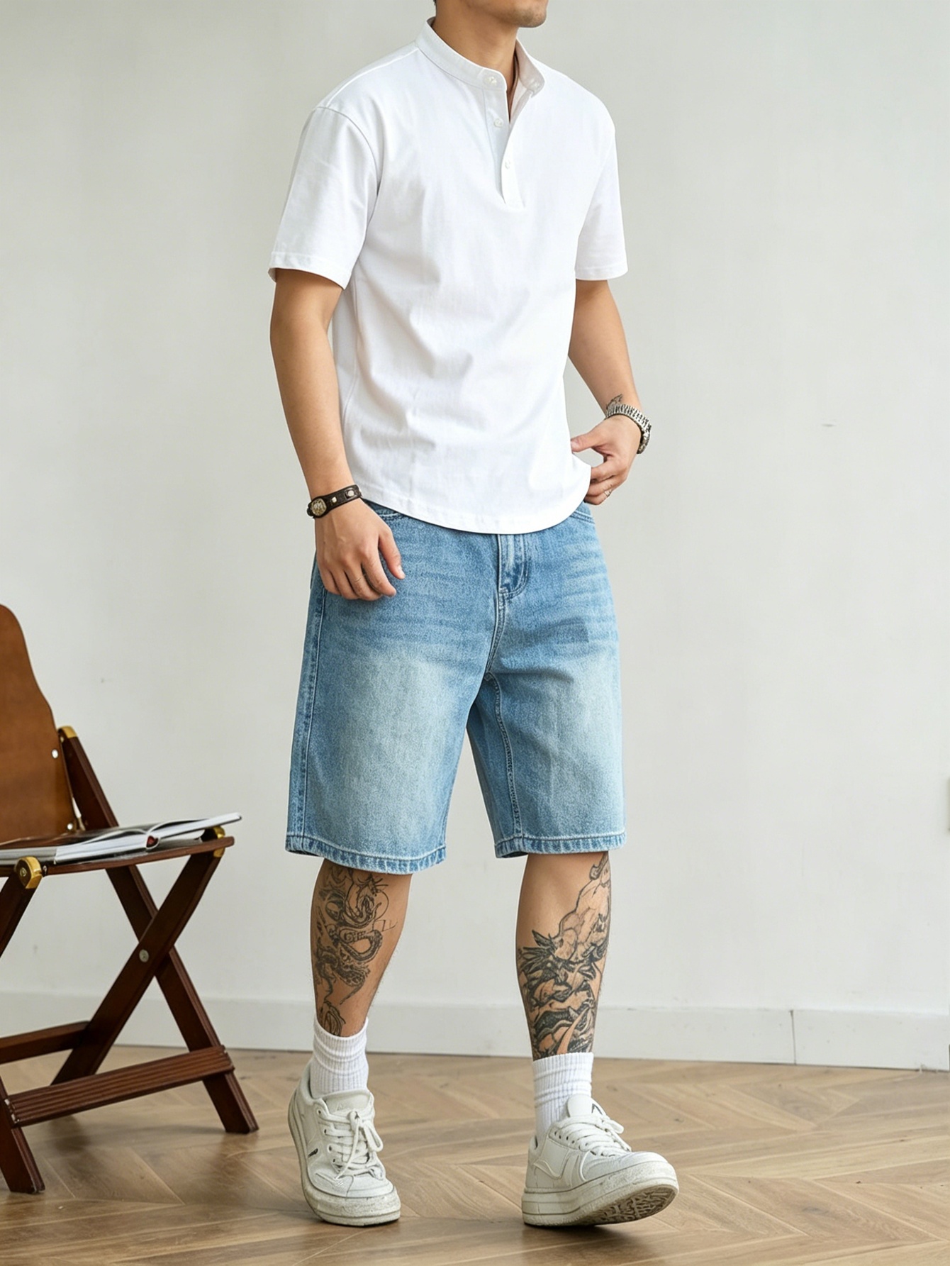 Korean Men Lifestyle - Jorts in denim blu a taglio